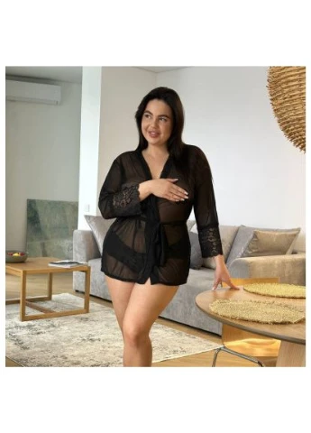 Прозорий халат і трусики PLUS SIZE мереживний / Жіночий комплект халат + трусики великих розмірів чорний No Brand (393509373)