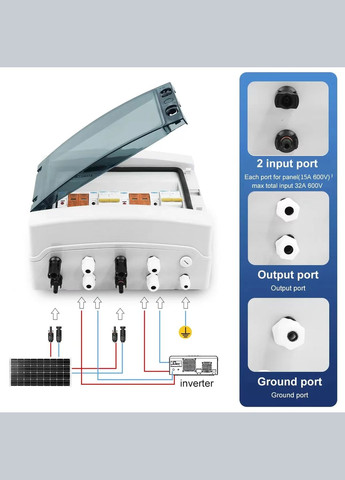 DC захистний щит 40A 600V на 2 MPPT стрінги для автономних сонячних електростанцій Tomzn (341324876)