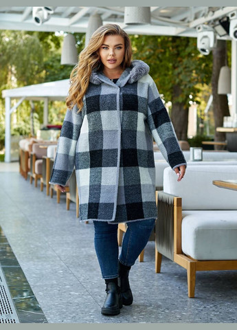 Сіре зимнє Пальто з альпаки у клітинку рожеве 48-54 KVAN