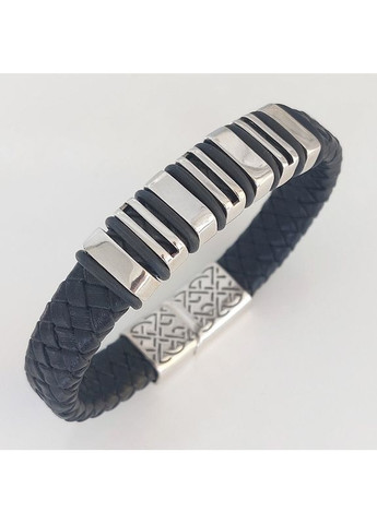 Браслет зі шкіри зі срібними гладкими вставками 21 см No Brand (355921997)