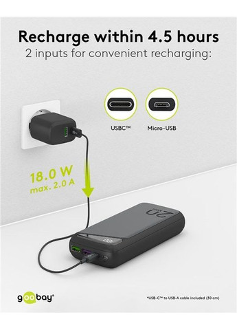 Повербанк 20000mAh (74Wh) с 3 мя выходами: USB C PD, USB A QC 3.0 и micro USB Goobay (372163192)