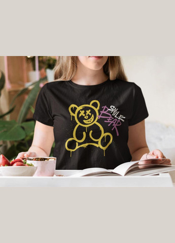 Чорна літня жіноча повсякденна футболка з натуральної бавовни teddy bear 20000003253 з коротким рукавом Mishe