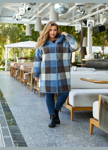 Голубое зимнее Пальто из альпаки в розовую клеточку 48-54 KVAN