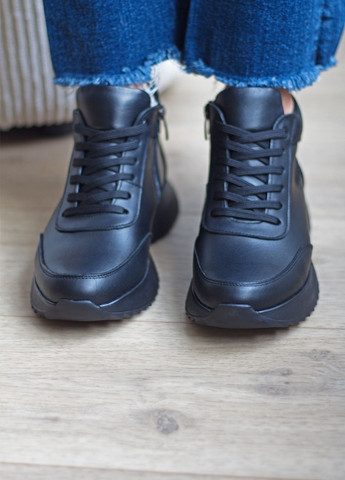 Кроссовки женские осенние из натуральной кожи No Brand 3802/1 чёрные демисезоны (366817372)