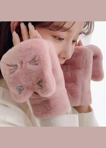 Рукавиці без пальців на ґудзику для дітей від 10 років і дорослих, котики пухнасті плюшеві рожевий UA (311221483)