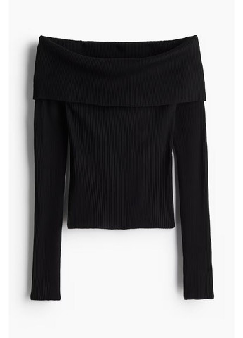 Чорний демісезонний приталений жіночий чорний светр-топ із відкритими плечима з м'якої ребристої в'язки,розмір xxs H&M