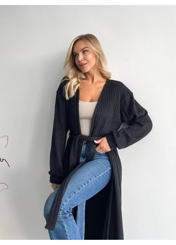 Черный женский женский длинный кардиган из альпаки черного цвета 35206 No Brand однотонный - демисезонный