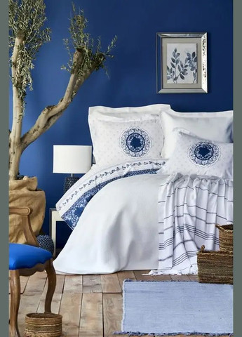 Набор постельного белья с покрывалом + пике Belina mavi 2019-2 голубой евро Karaca Home (285778510)