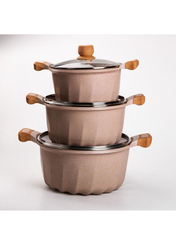 Набір із 3 алюмінієвих великих каструль 11.8, 8.2, 5.3 л зі скляними кришками, бежевий MGC (340907778)