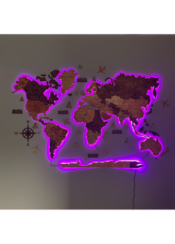 Декоративне панно на стіну Карта Миру з гравіюванням "Кедр" з однотонним підсвічуванням 200х120 см Decart (360609413)