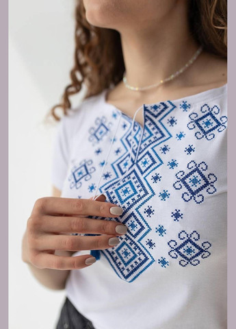 Футболка вишиванка Карпатський орнамент біла з синім MEREZHKA — 303727519