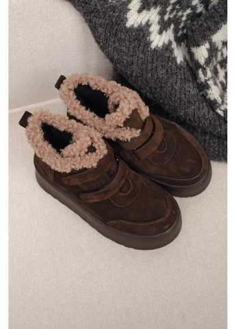 Зимние женские зимние замшевые ботинки тёмно-коричневого цвета с мехом на высокой подошве и двумя липучками (отшив 3 дня) Paradize из натуральной замши