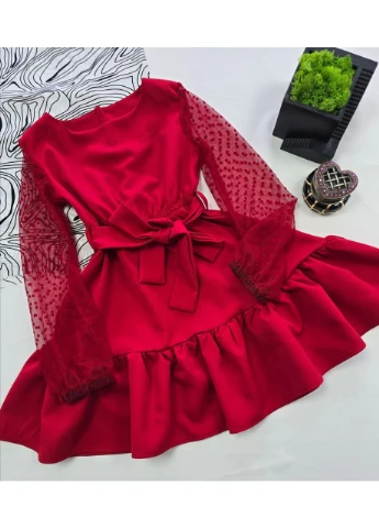 Красное платье нарядное с руками из сетки в горошек красное No Brand (381536205)