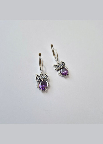 Срібні сережки з підвіскою Сова із Бузковими каменями срібло 925 проби Чорнене 2474 5.74г No Brand (315359656)