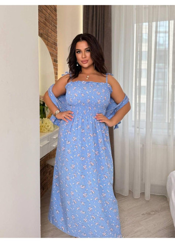 Женский костм: сарафан из блузки в цветочный принт, рубашка на завязках Арт ВЛВ-5418, голубой, размер 56–58 No Brand (355469575)