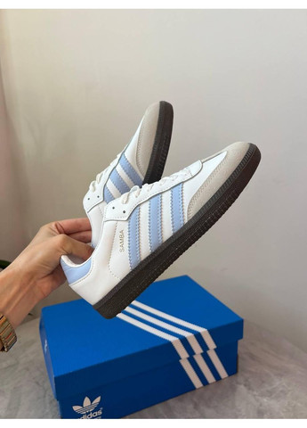 КРОССОВКИ ЖЕНСКИЕ ADIDAS SAMBA WHITE BLUE АДИДАС САМБА No Brand белые демисезоны (367168271)