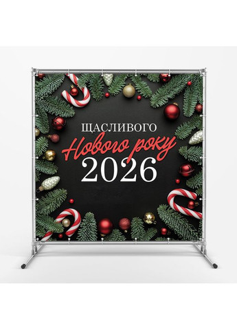 Баннер "Счастливого Нового года 2026" с еловыми ветками и леденцами №46043 Vinylpex (369930070)