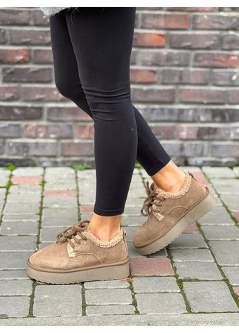 Жіночі черевики бежеві натуральна замша лофери на шнурівці висока підошва теплі зимові на хутрі No Brand (370797672)