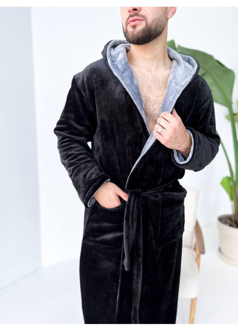 Чоловічий теплий халат, / Халат чоловічий м’який з капюшоном, чорний / Чоловічий велюровий халат із поясом і кишенями No Brand (367610200)