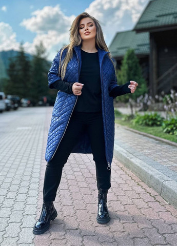 Синяя демисезонная женское удлиненное стеганое пальто на синтепоне с рукавом 3/4 Україна