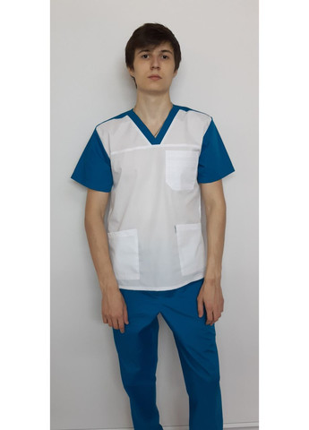 Білий демісезонний костюм медичний чоловічий герус бавовна короткий рукав 44, білий із морською хвилею оздобленням No Brand