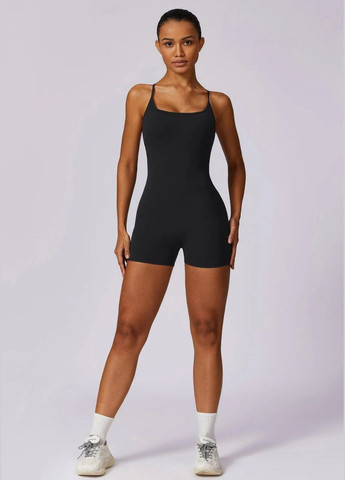 Спортивний жіночий однотонний комбінезон з відкритою спинкою, на бретелях, з пушап ефектом, для фітнесу, йоги, спорту Strunka комбінезон-шорти однотонний чорний спортивний