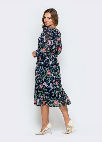 Темно-синее кэжуал тёмно-синее платье из шифона с растительным принтом Dressa с цветочным принтом