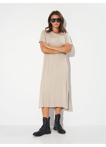Бежевое кэжуал платье из вискозы H&M однотонное