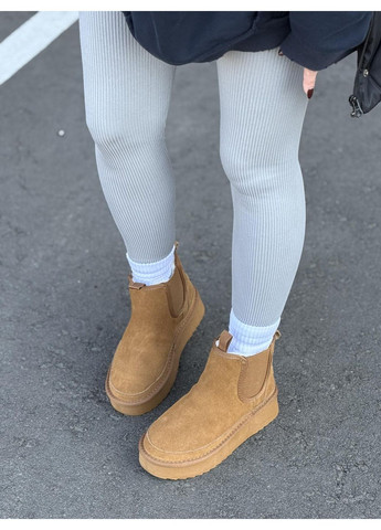 Женские замшевые угги на платформе зимние осенние короткие натуральная замша искусственный мех бежевые ботильоны челси No Brand бежевые зима (362961339)