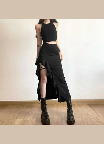 Черная юбка миди длинная с разрезом сбоку от бедра y2k UA