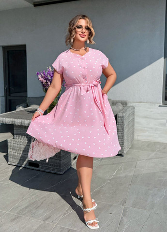 Пудровое повседневный, кэжуал платье летнее с поясом из софта миди длины колокол, клеш, рубашка No Brand сердечки