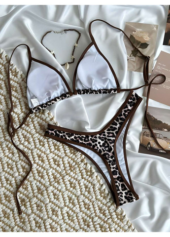 Коричневий літній жіночий літній роздільний сексуальний леопардовий купальник на зав'язках No Brand