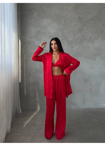 Яскраво-червона всесезон жіноча піжама трійка (топ-бра, сорочка, штани палацо) No Brand