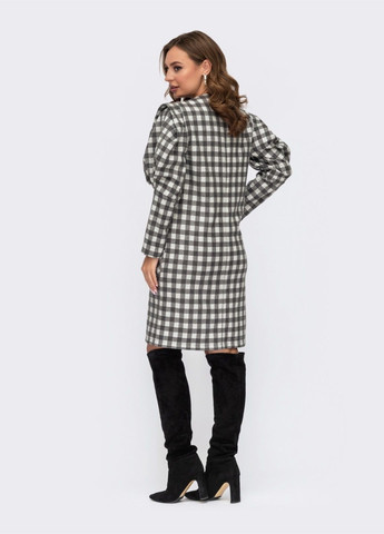 Серое кэжуал серое платье в клетку с объемными рукавами и накладными карманами Dressa в клетку