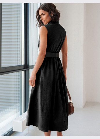 Черное кэжуал платье-миди чёрного цвета с поясом Dressa однотонное