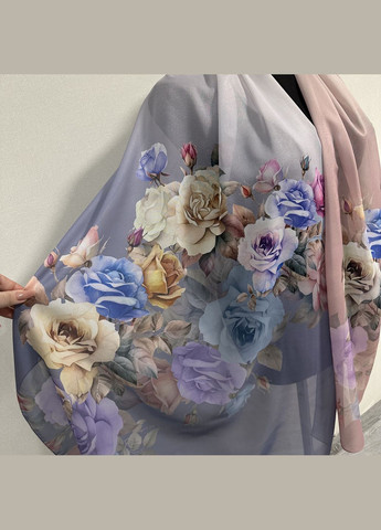 Стильний жіночий шифоновий шарф з квітковим малюнком комбінованого кольору синій з рожевим розмір 140*180 см No Brand (327415068)