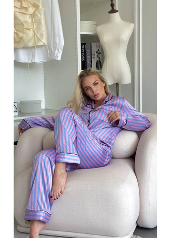 Блакитна всесезон жіноча піжама в смужку з довгими рукавами та штанами сорочка + брюки Україна
