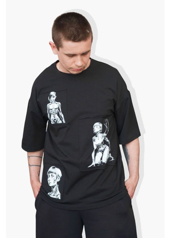 Чорна чоловіча футболка "мотоко" з трьома принтами на нашивках ТУР