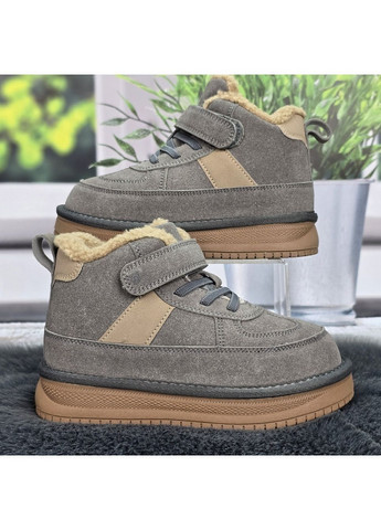 Серые повседневные зимние ботинки угги детские для девочки серые замшевые на овчине Bessky