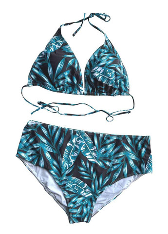 Зелений літній купальник жіночий роздільний чорний із зеленим листям + комбінезон великий розмір роздільний No Brand 7029