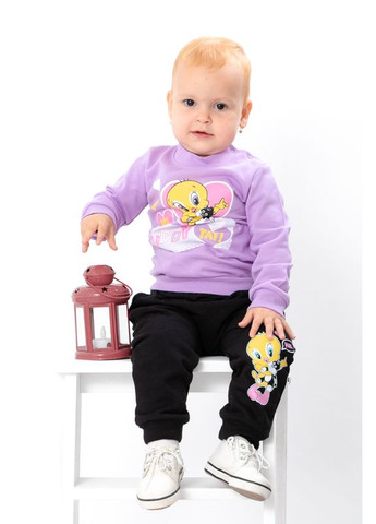 Бузковий демісезонний утеплений ясельний комплект для дівчинки (світшот та штани) з принтом (p-15304) Носи своє