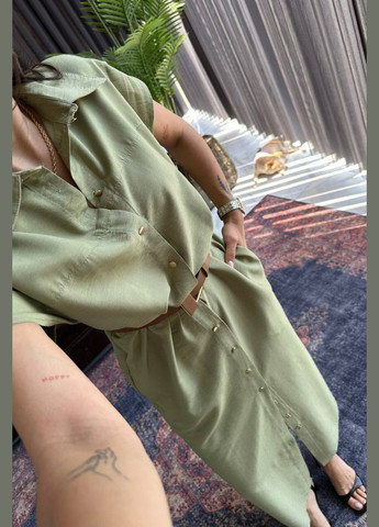 Фисташковое кэжуал платье-рубашка из льна длины меди рубашка MonCher