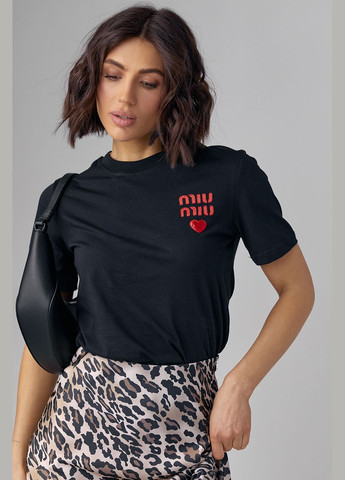 Чорна літня трикотажна жіноча футболка з написом miu miu 122345 з коротким рукавом Lurex