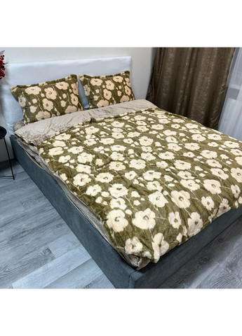 Эксклюзивное постельное белье "Хутро-велюр". Зимняя коллекция евро размера оливкового цвета. No Brand (370640219)