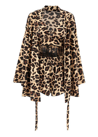 Комбинированная всесезон леопардовый женский комплект для дома, халат+топ+шорты. топ + шорты Veronica