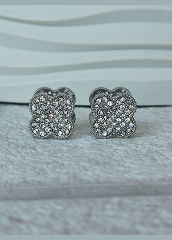 Сережки двосторонні Конюшина клевер Зелена емаль медсталь під срібло родій Stainless Steel (336517423)