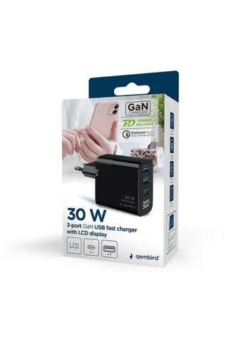 Зарядное устройство (TA-UC-PDQC30LCD-BK-02) Gembird 2хUSB-A (QC3.0 18W) + 1хType-C (PD20W) LCD black (369882329)