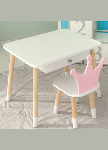 Дитячий столик білий і стільчик корона біло-рожевий. Столик із шухлядою для олівців і розмальовок 56787 No Brand (335039698)