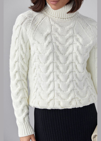 Молочный зимний женский свитер из крупной вязки в косичку 4645 Lurex