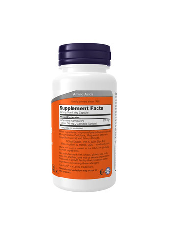 L-Carnitine 500mg 60 vcaps NOW спортивная добавка для похудения и энергии аминокислота для вегетарианцев Now Foods (368977385)